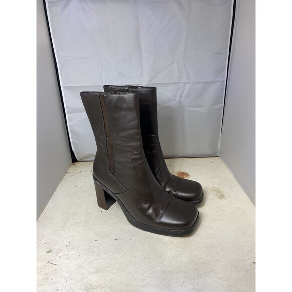 Tommy Hilfiger Shoes - Vintage 90s Y2K Tommy Hilfiger Square Toe Side Zip Chunky Brown Leather Boots 8